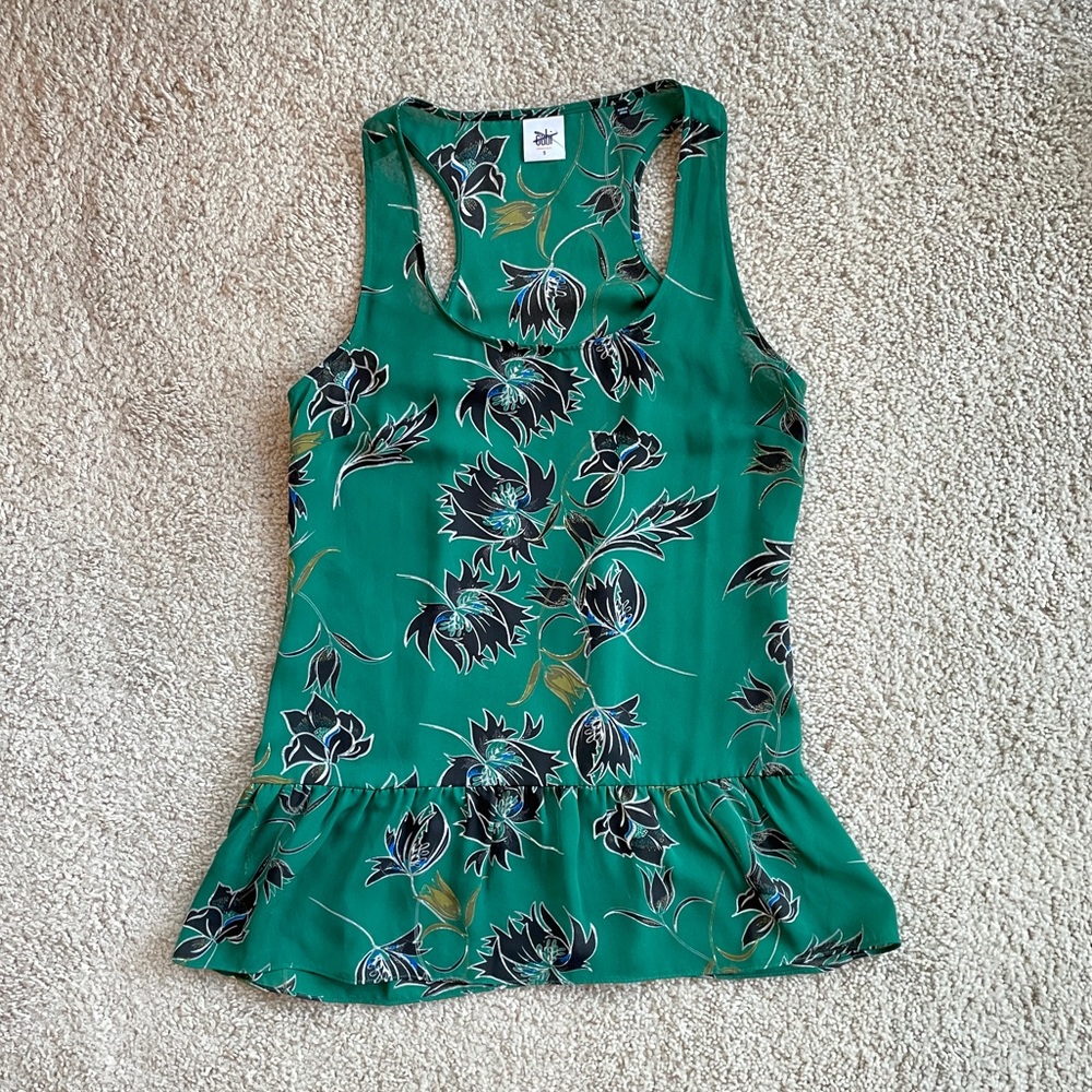 Cabi Floral Green Black White Flowy Peplum Racerback Sleeveless Top Size Small - Picture 4 of 10